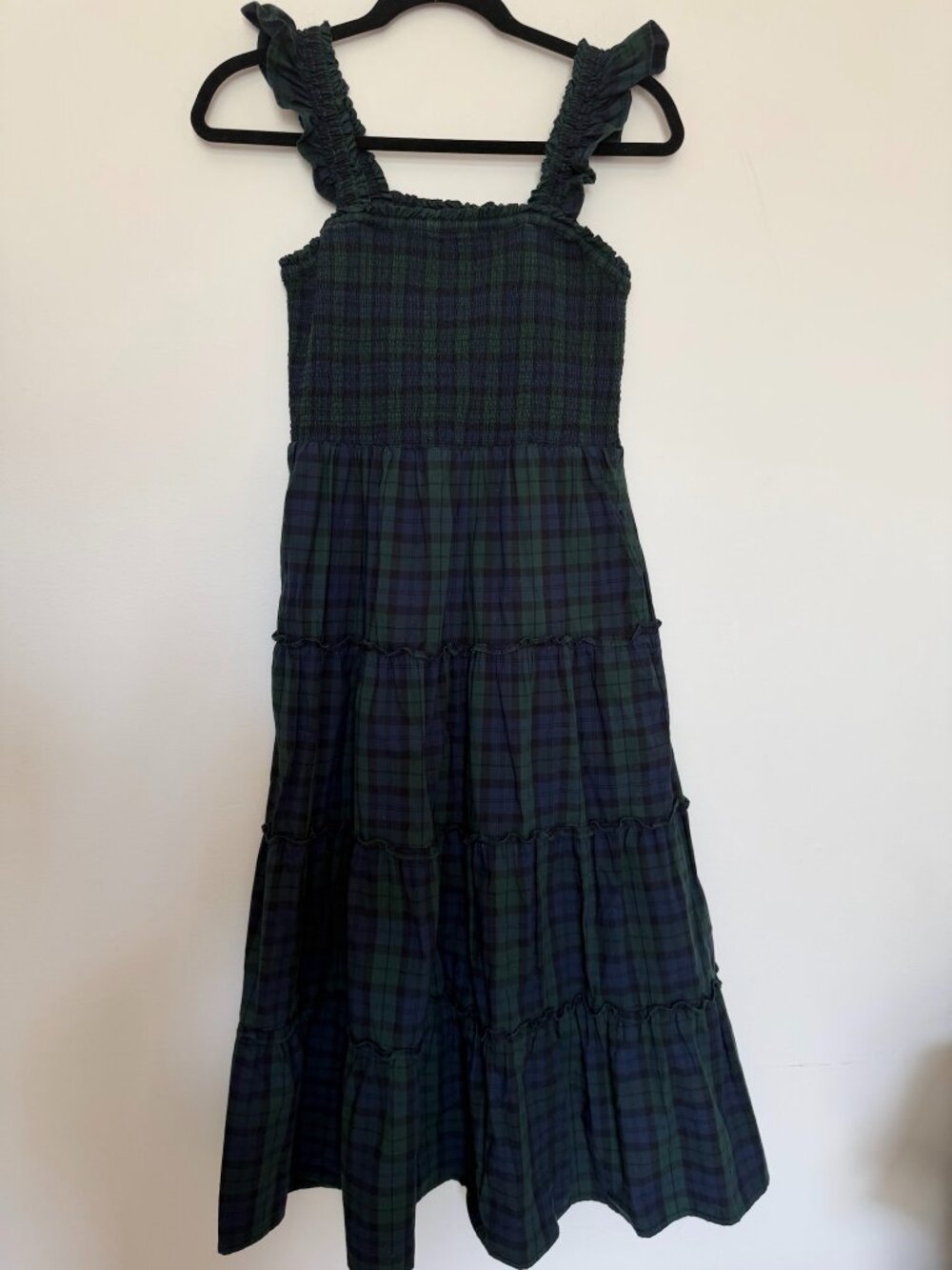 J.Crew Smocked Tiered Midi Dress Black Watch Tartan Ruffle Straps Pockets - XS